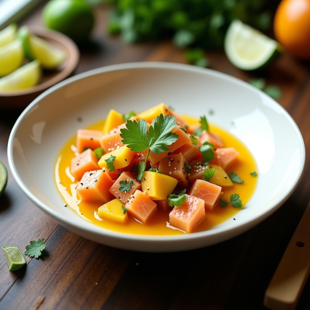 Ceviche de salmón fresco en cubos marinados en leche de tigre de mango y jengibre, decorado con cebolla morada, apio, cilantro y semillas de sésamo, servido en plato blanco con hojas de lechuga. Receta peruana alta en omega-3.