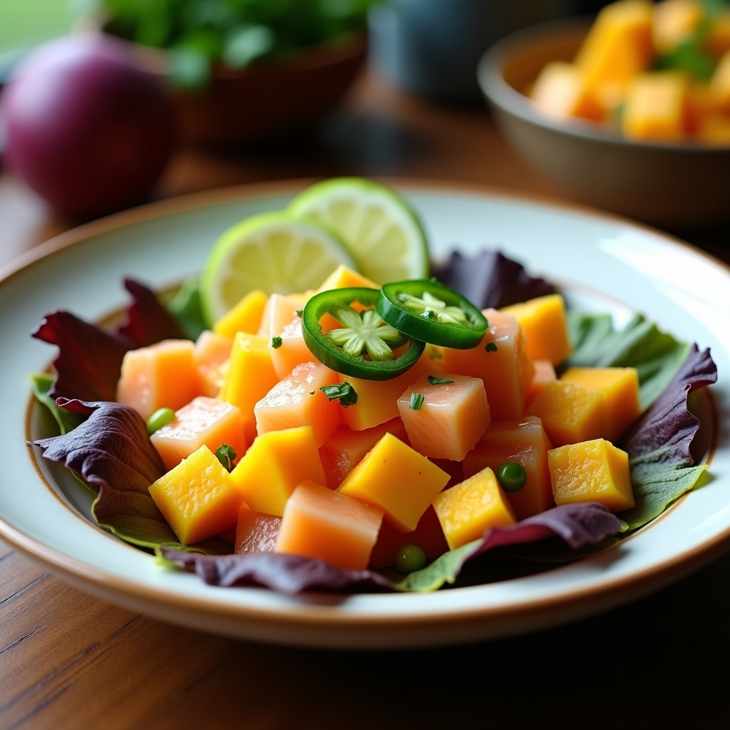Ceviche de salmón fresco en cubos con trozos de mango maduro, jalapeño en juliana y cebolla morada, bañado en leche de tigre amarilla con toques de naranja. Servido sobre hojas de lechuga morada y acompañado de camote morado en cubos, decorado con rodajas de jalapeño.