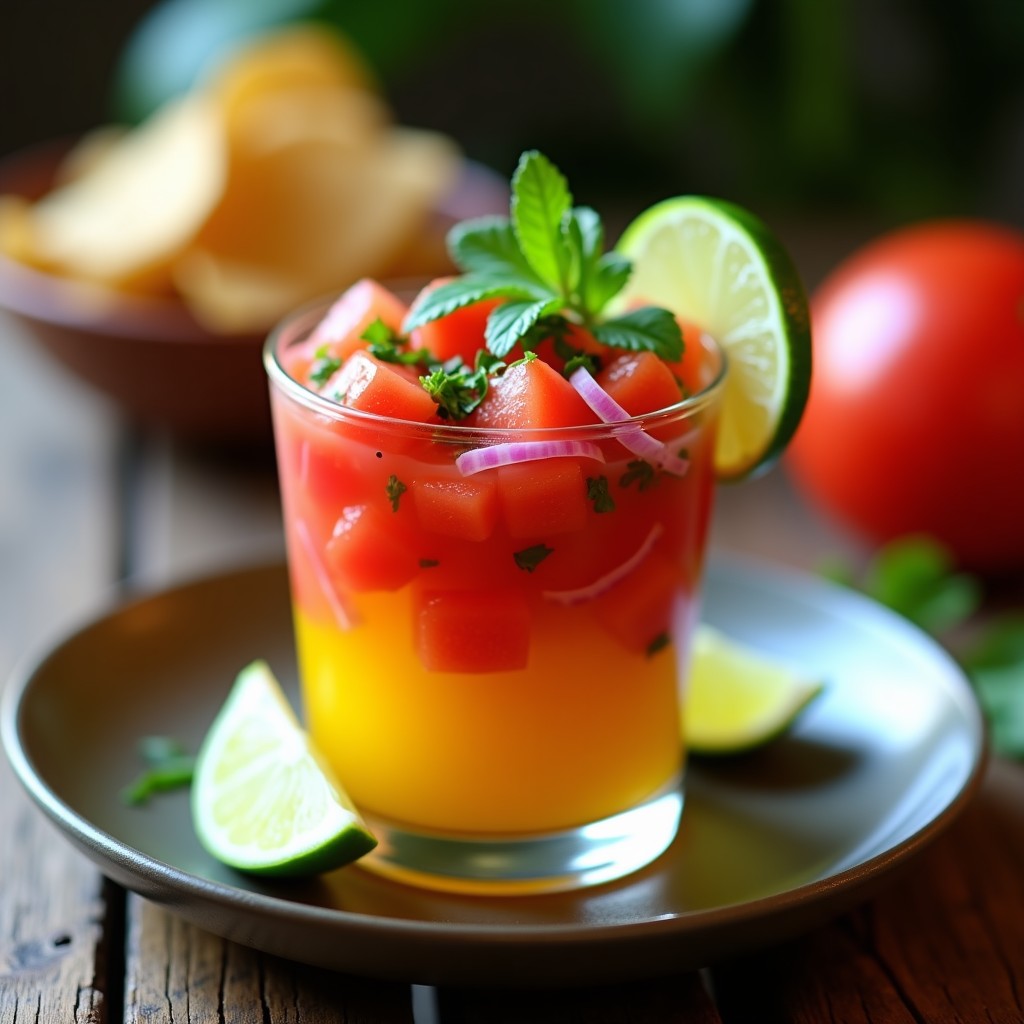 Copa de cristal transparente con ceviche de sandía y jitomate en cubos, bañado en leche de tigre de maracuyá amarilla, decorado con cebolla morada, cilantro y hojas de menta. Plato fresco y colorido, típico de la cocina vegana mexicana.