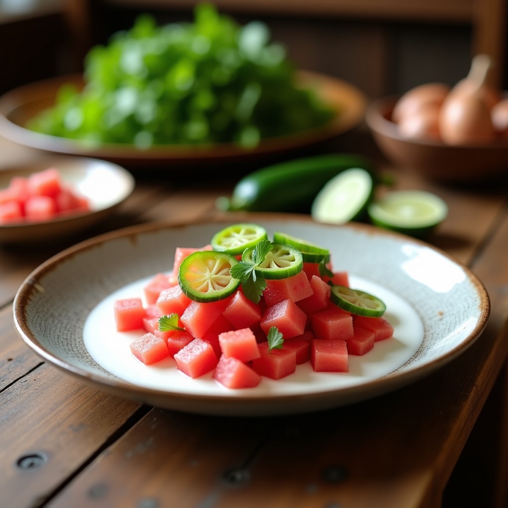 Ceviche vegano de coral de sandía y pepino con leche de coco servido en copa transparente sobre fondo blanco, decorado con semillas de sésamo y algas nori, con trozos de jalapeño y cilantro fresco.