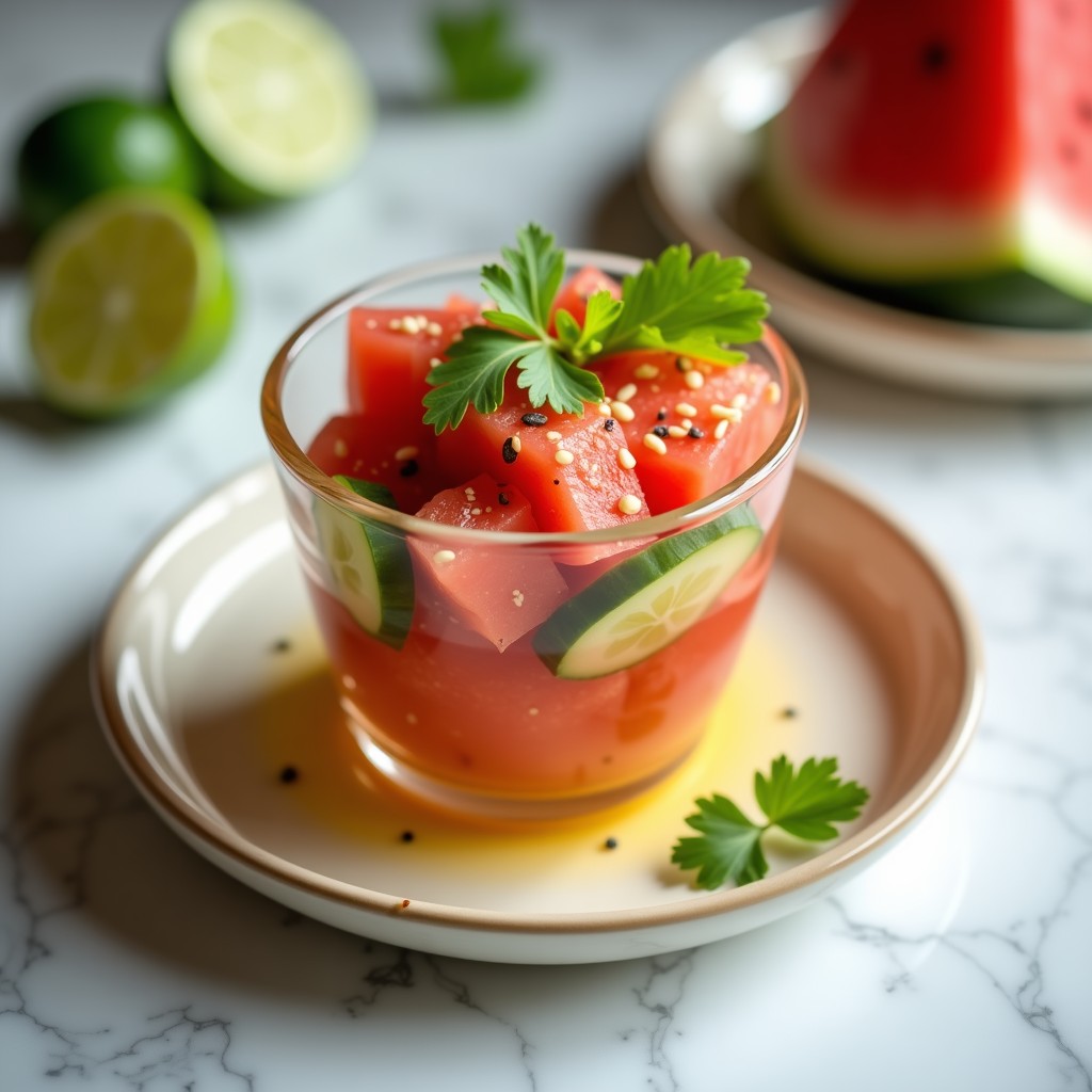 Ceviche vegano de sandía y pepino en copa de cristal transparente, bañado en leche de tigre de jengibre y lima, decorado con semillas de sésamo, cilantro fresco y copos de alga nori. Plato fresco y colorido sobre fondo blanco con limas y rodajas de jengibre.
