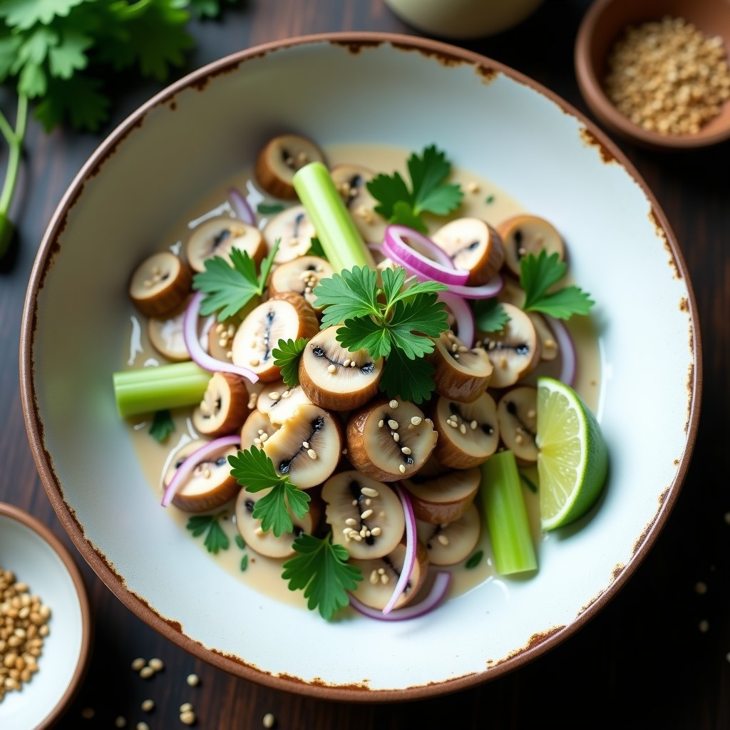 Plato hondo de cerámica blanca con seviche de setas ostra marinadas en leche de limón cremosa, decorado con cilantro fresco, rodajas de cebolla morada, apio y semillas de sésamo tostadas. Receta vegana keto lista en 15 minutos.