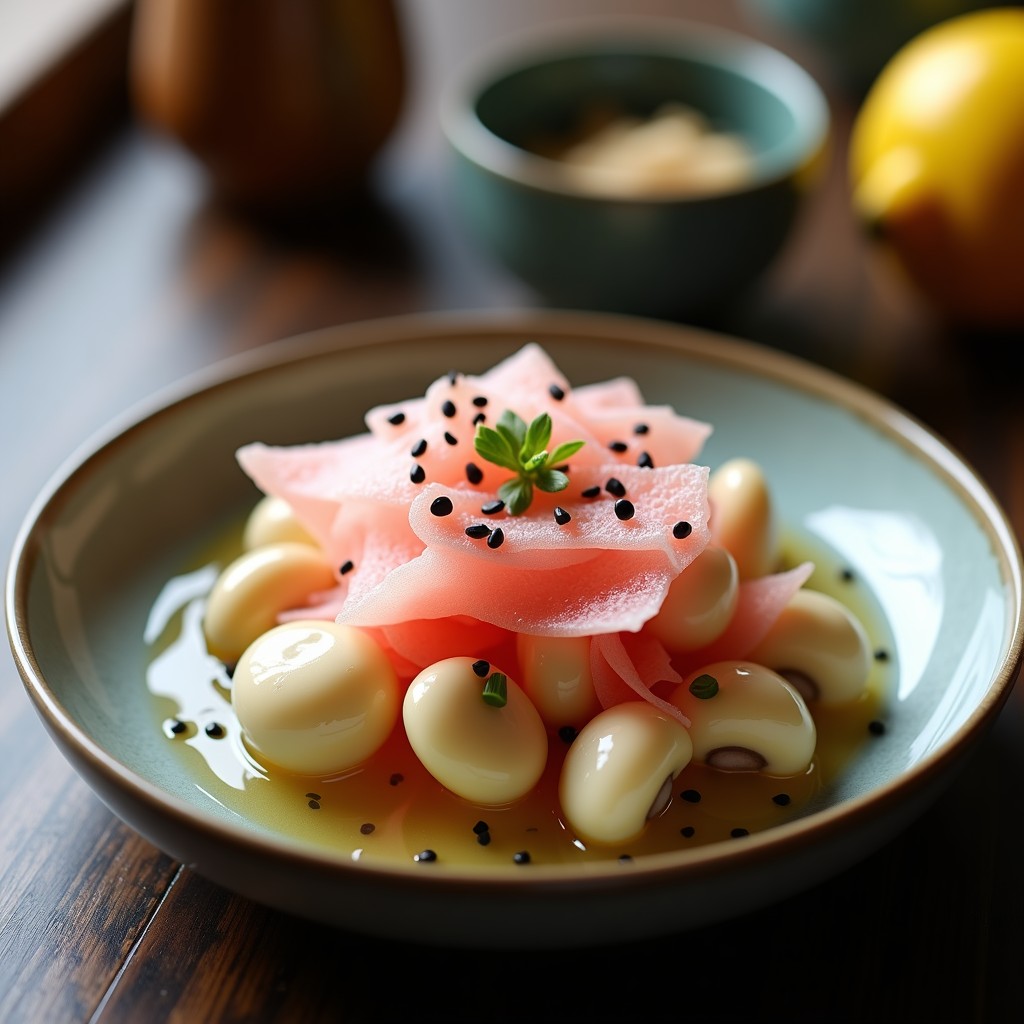 Plato de ceviche de setas shimeji marinadas en yuzu y salsa de soja, con cebolla morada en juliana, semillas de sésamo negro y una corona de algodón de azúcar ahumado. Decorado con hojas de shiso y un toque de pimienta de Sichuan.