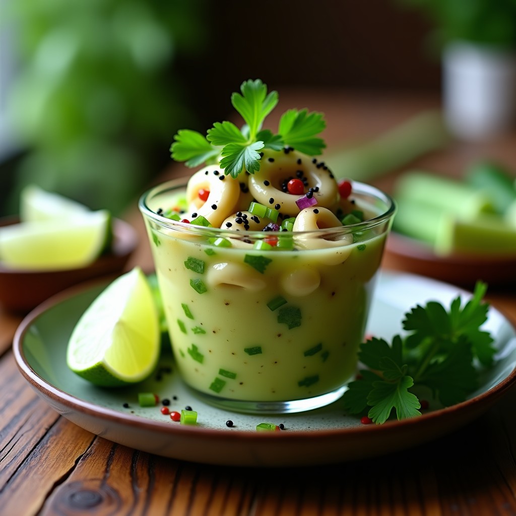 Ceviche vegano de setas shimeji marinadas en leche de limón y cilantro, servido en copa de cristal con decoración de semillas de sésamo negro y hojas de cilantro fresco, sobre fondo de madera rústica.