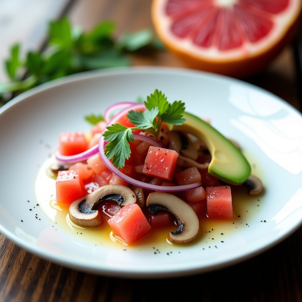 Plato blanco con ceviche vegano de setas shitake en rodajas finas, pomelo rosa en cubos, cebolla morada y cilantro fresco, decorado con aguacate y copos de alga nori, servido sobre hojas de lechuga.