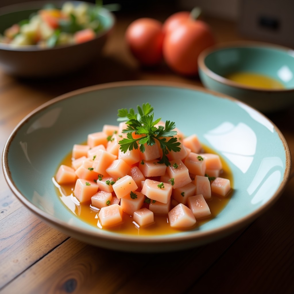 Ceviche vegano de champiñones shimeji y pomelo rosa servido en copa de vidrio transparente, con toques de sésamo, alga nori y hierba luisa, sobre fondo de madera rústica.