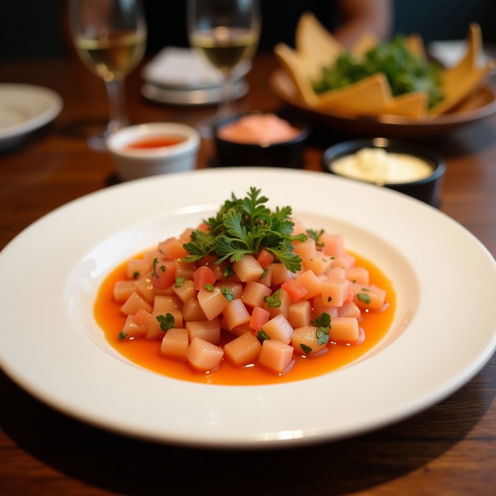 Plato hondo de cerámica blanca con ceviche vegano de lentejas rosadas marinadas en leche de tigre, decorado con maíz tostado, batata morada, aguacate y cilantro fresco. Textura similar al coral marino.