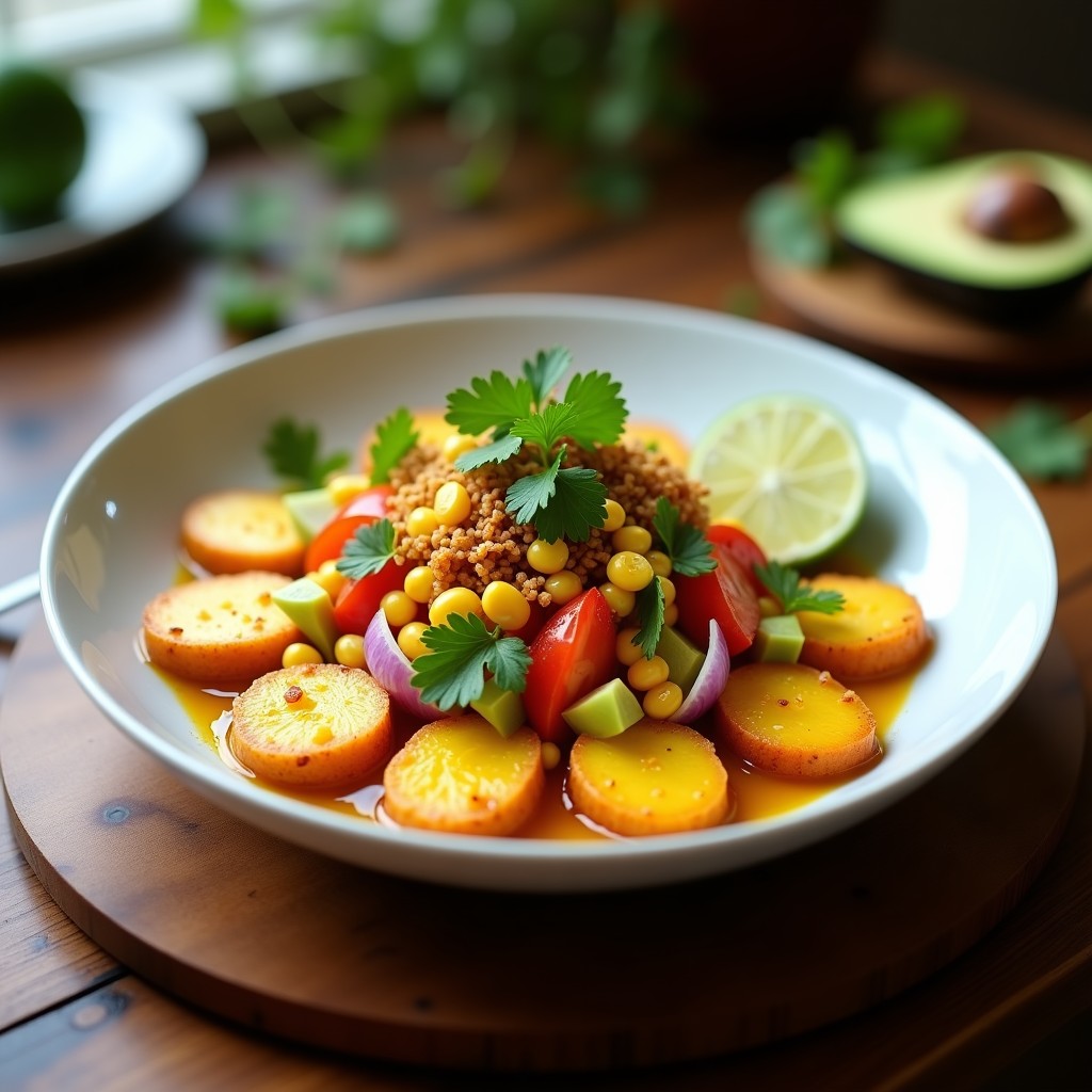Plato blanco con ceviche vegano de corazón de palma en rodajas doradas, marinado en limón y ají amarillo, acompañado de aguacate, tomate, cebolla morada y maíz tostado crujiente por encima.