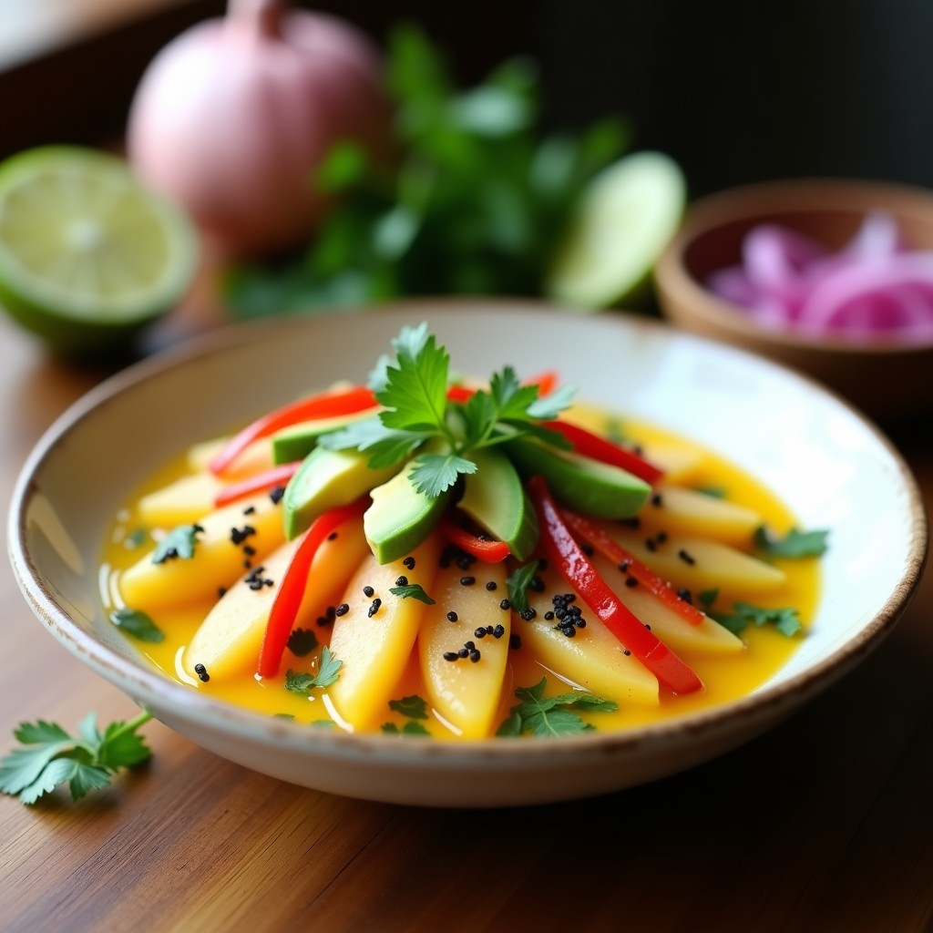 Plato de ceviche vegano de corazón de palma con leche de tigre amarilla, encurtidos de cebolla morada y pimiento rojo, aguacate en cubos y alga nori, decorado con cilantro fresco y rodajas de limón verde sobre fondo rústico de madera.