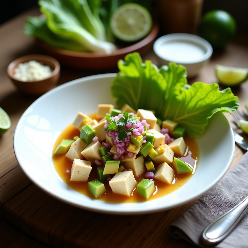 Plato de ceviche vegano con trozos de corazón de palmito y tofu marinado en leche de tigre, acompañado de maíz morado, aguacate y cilantro fresco sobre hojas de lechuga.