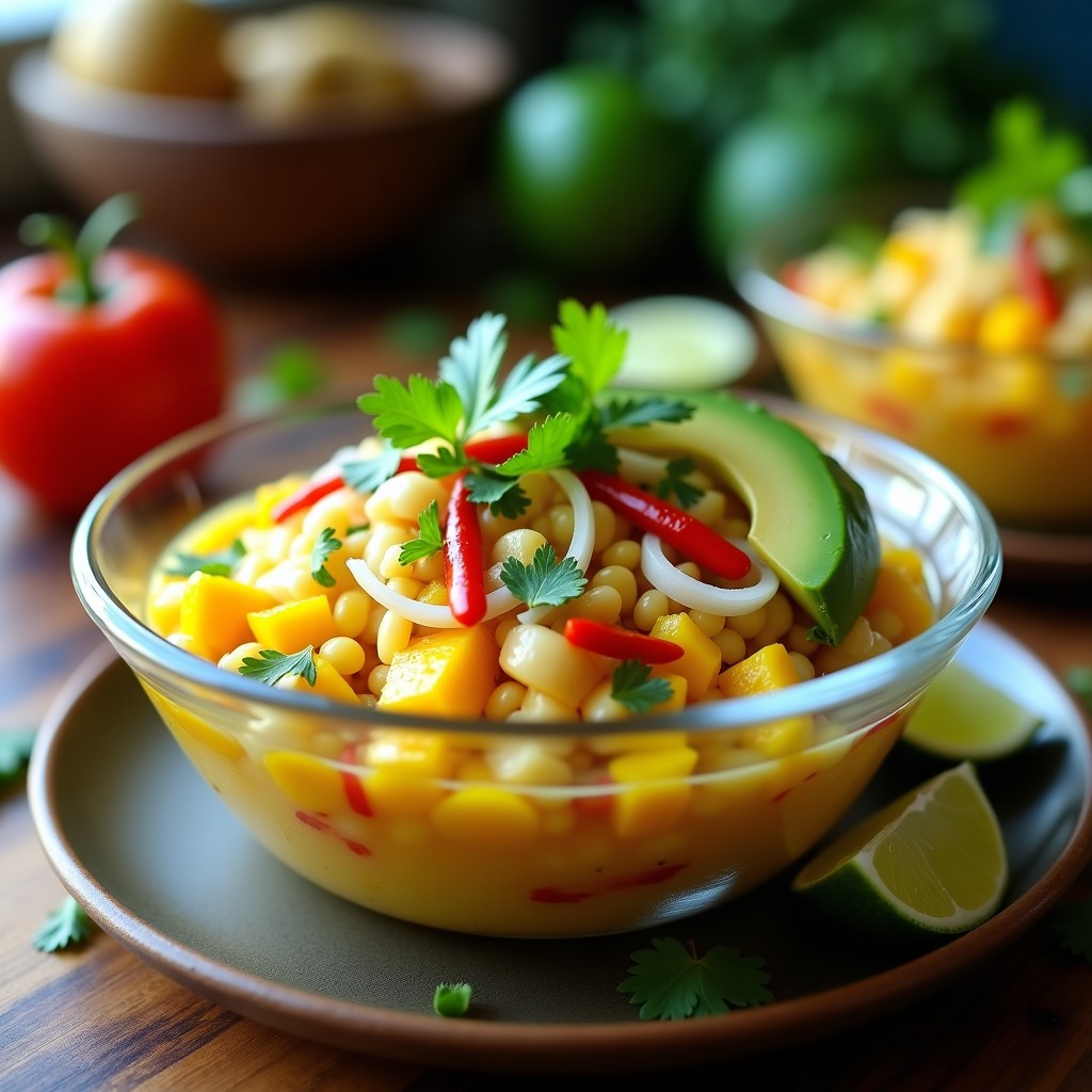 Copa de cristal transparente con ceviche vegano de jackfruit desmenuzado, cubos de mango amarillo, cebolla morada, cilantro y rodajas de aguacate, decorado con maíz tostado y chile rojo sobre fondo rústico.