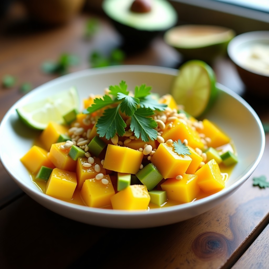 Plato hondo de cerámica blanca con ceviche vegano de jícama y mango en airfryer, bañado en leche de tigre amarilla, decorado con aguacate, cilantro y cacahuetes, con rodajas de lima al lado.