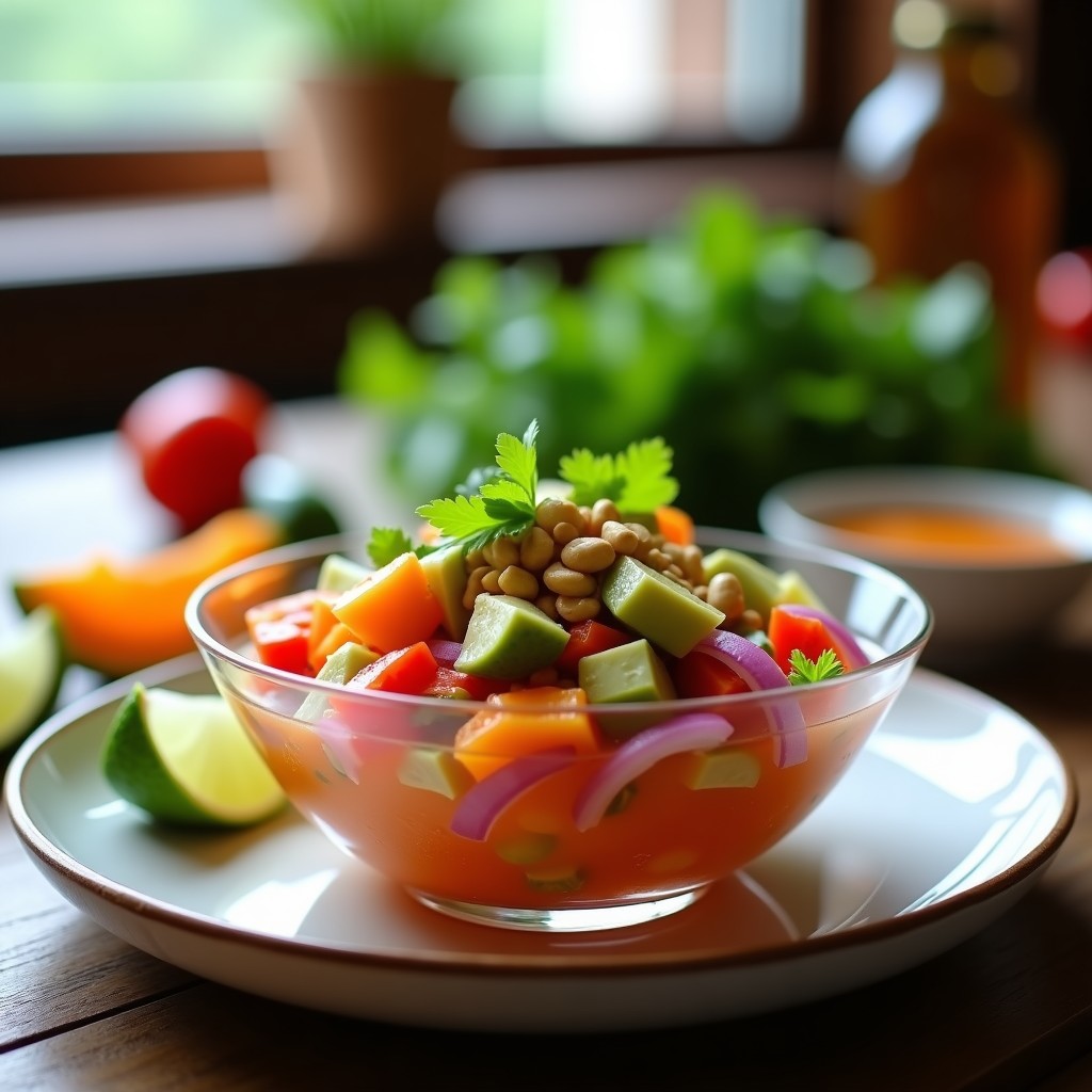 Ceviche vegano de jícama y papaya en copa de vidrio, con trozos de aguacate, cacahuetes tostados y cilantro fresco, servido sobre mesa rústica de madera.
