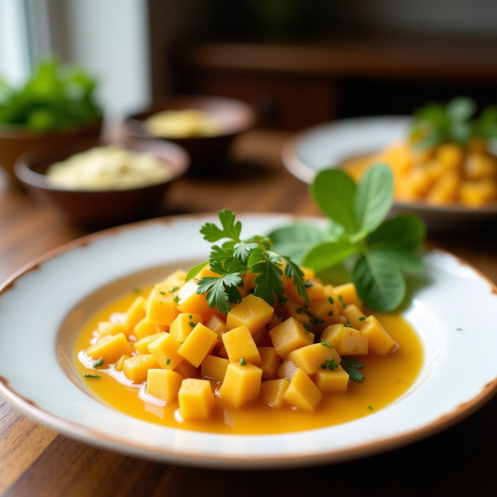 Bol transparente con ceviche vegano de mango y leche de coco, decorado con anacardos tostados y cilantro fresco, servido sobre una mesa rústica de madera con rodajas de limón al lado.