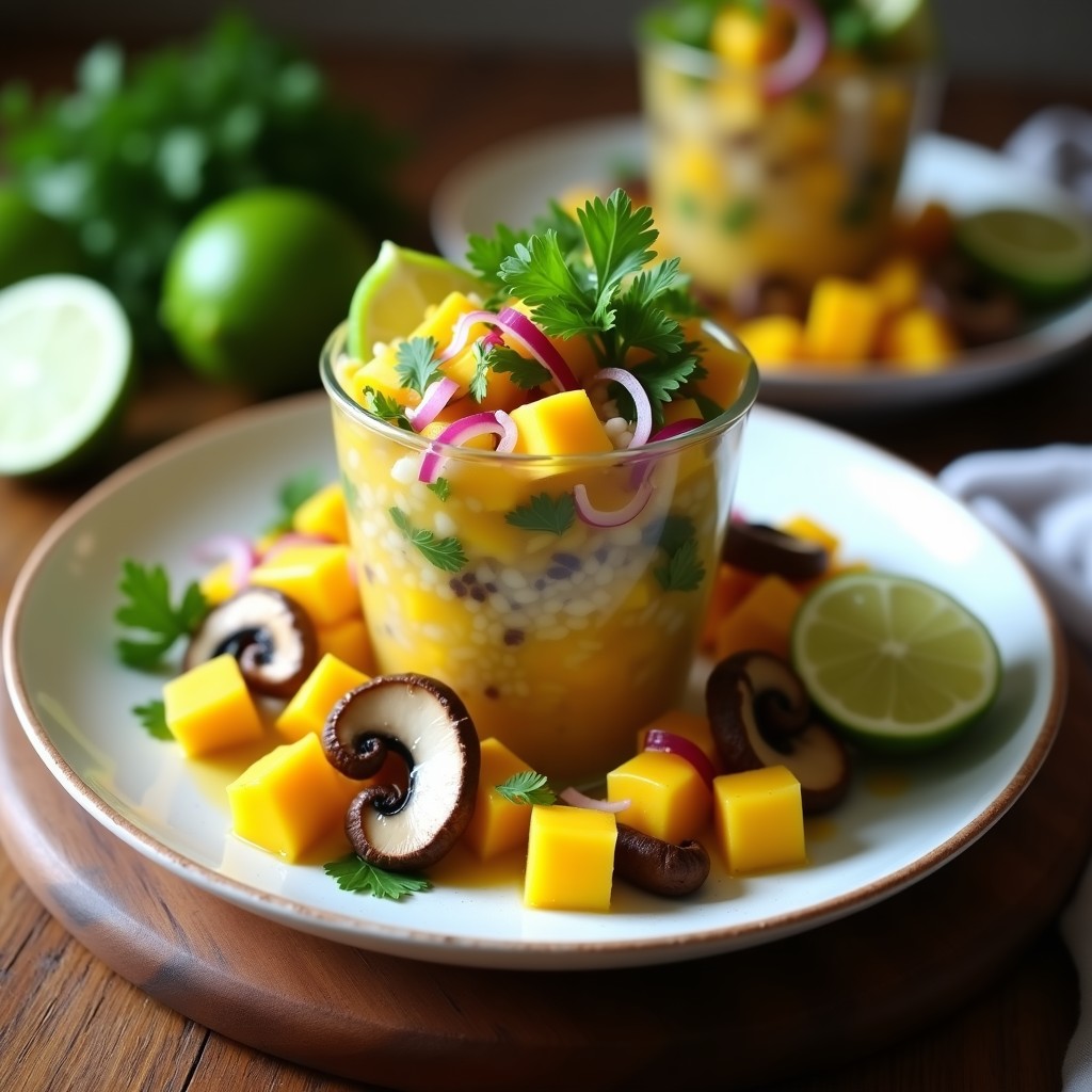 Copa de cristal con ceviche vegano de mango y shitake, decorado con cilantro fresco y rodajas de limón, sobre fondo rústico.