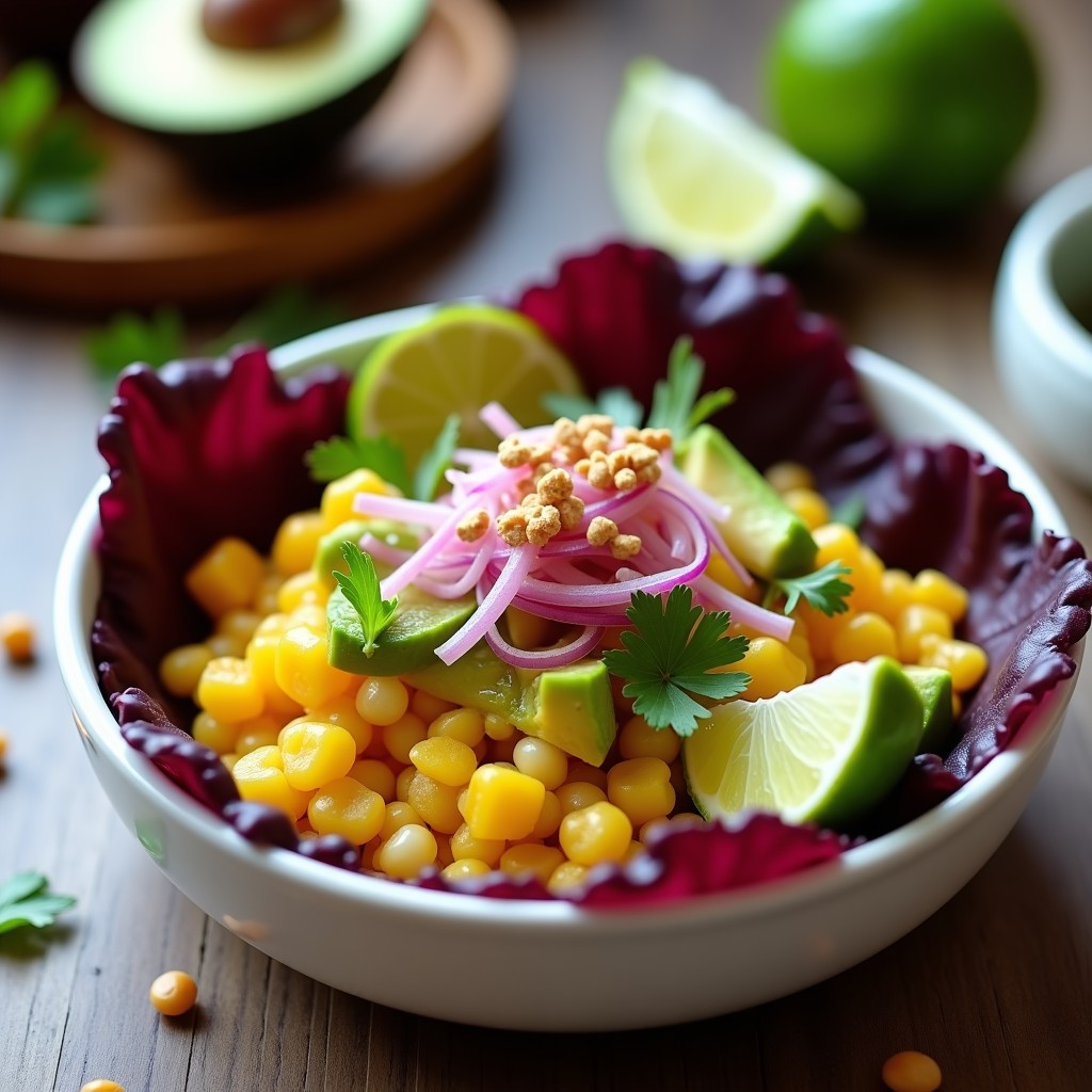 Plato hondo de cerámica blanca con ceiche vegano de palmito marinado en leche de tigre amarilla, decorado con rodajas de limón verde, juliana de cebolla roja, cubos de aguacate y crujiente de maíz morado dorado. Base de hojas de lechuga morada. Receta peruana sin cocción, fresca y colorida.