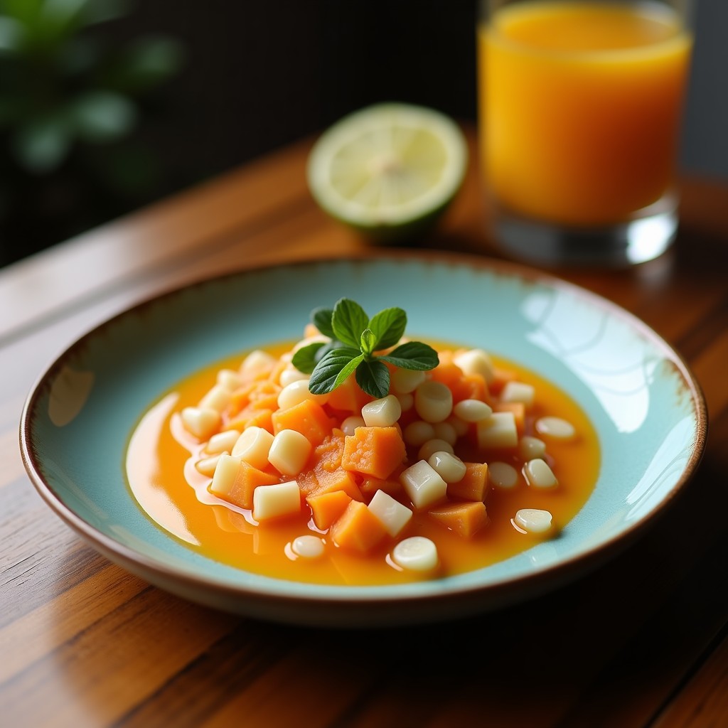 Ceviche vegano de zanahoria y jicama con leche de naranja servido en copa de cristal, decorado con gajos de naranja sanguina, semillas de sésamo y hojas de cilantro fresco.