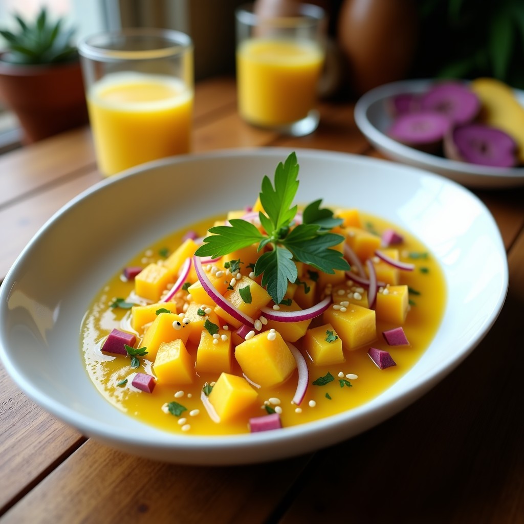Ceviche de zapallo loche en cubos dorados bañados en leche de tigre de maracuyá de color ámbar, decorado con cebolla morada en juliana, culantro fresco y semillas de sésamo tostado. Servido en un plato de cerámica blanca con hojas de hierbabuena.