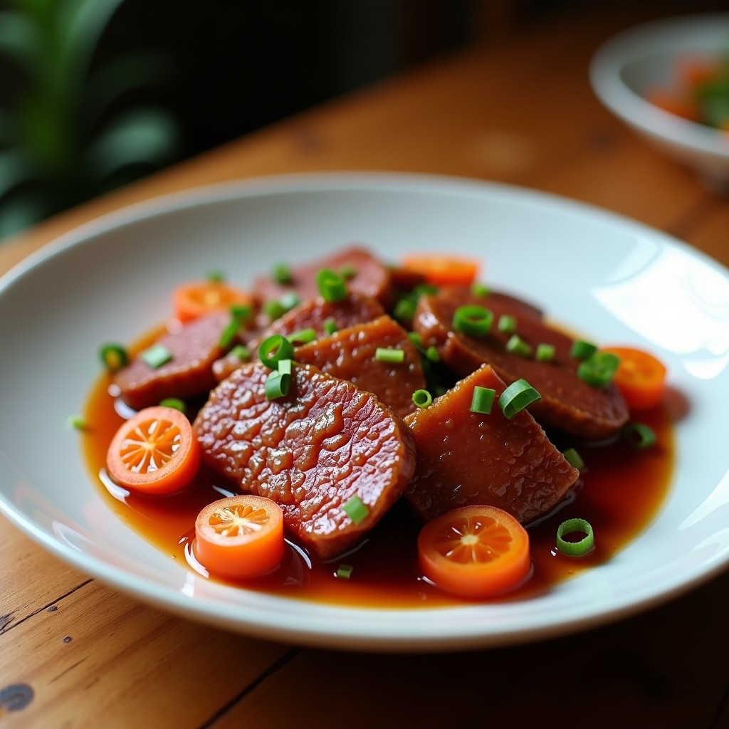 Plato hondo blanco con trozos gruesos de char siu vegano de seitán bañados en un glaseado brillante de 5 especias, acompañados de cebolla morada y pimiento rojo en juliana. Espolvoreado con semillas de sésamo negro y servido sobre un lecho de arroz jazmín. Receta china auténtica en olla express.