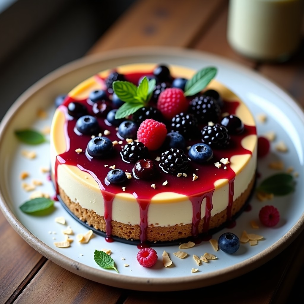 Cheesecake vegano sin horno de anacardos con base dorada de almendras y dátiles, cubierto por un coulis brillante de frutos del bosque y decorado con arándanos y frambuesas frescas. Postre cremoso y colorido en molde desmontable.