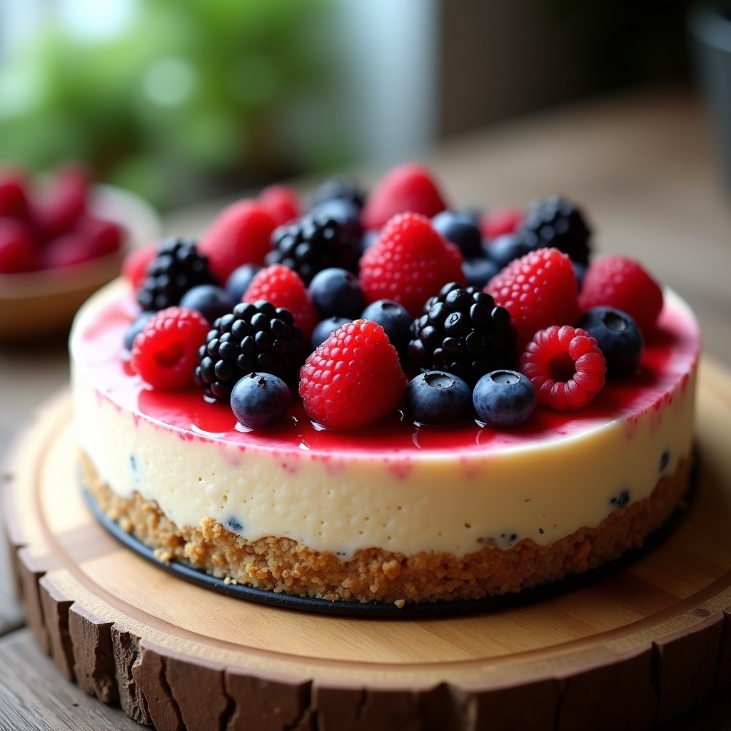 Cheesecake sin horno con base dorada de avellanas, relleno cremoso blanco y decoración de frutos rojos frescos y semillas de chía espolvoreadas, servido en molde desmontable sobre fondo rústico.