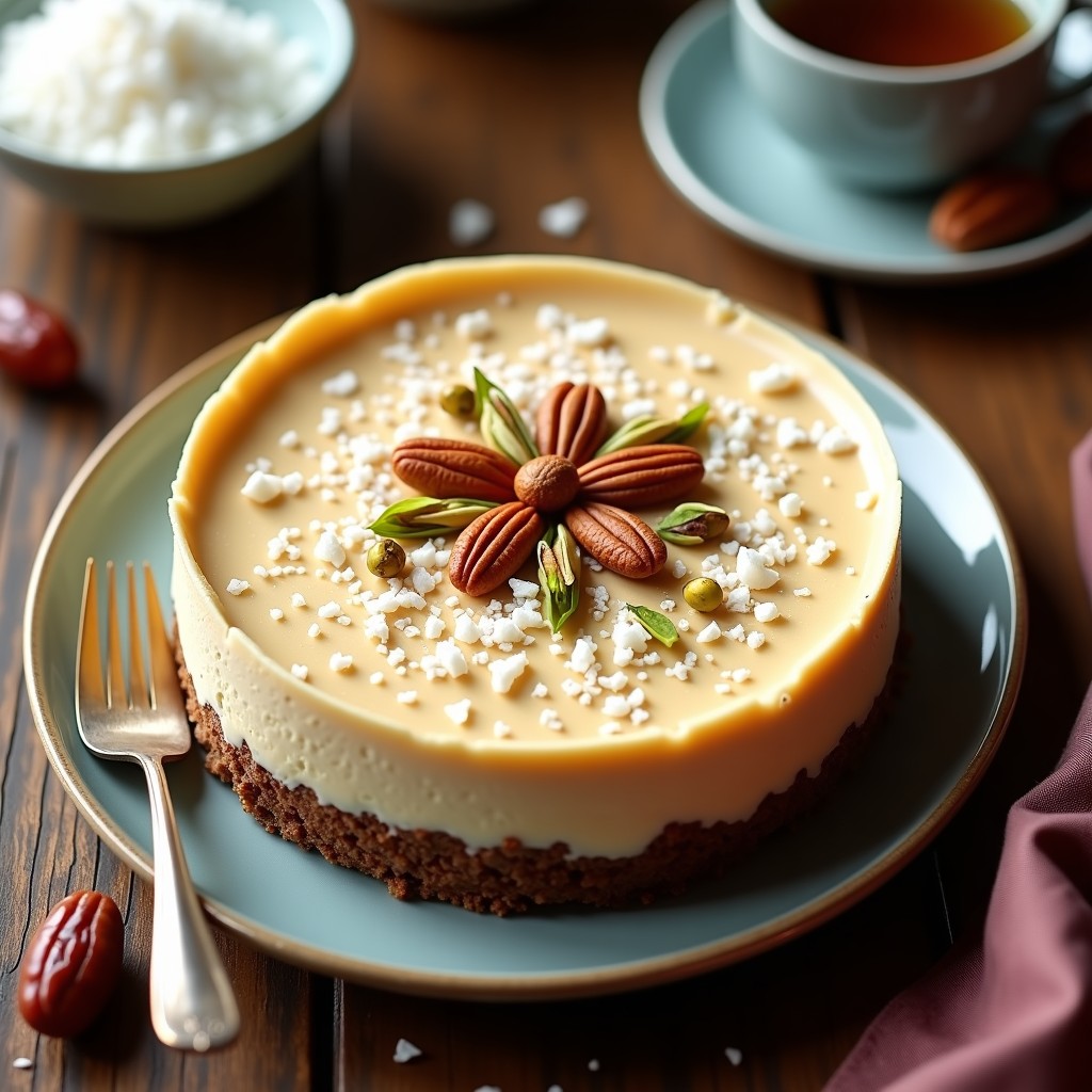 Cheesecake vegano sin horno y sin azúcar en molde desmontable, con base de frutos secos y dátiles, relleno cremoso de anacardos y decorado con coco rallado y pistachos picados sobre fondo rústico de madera.