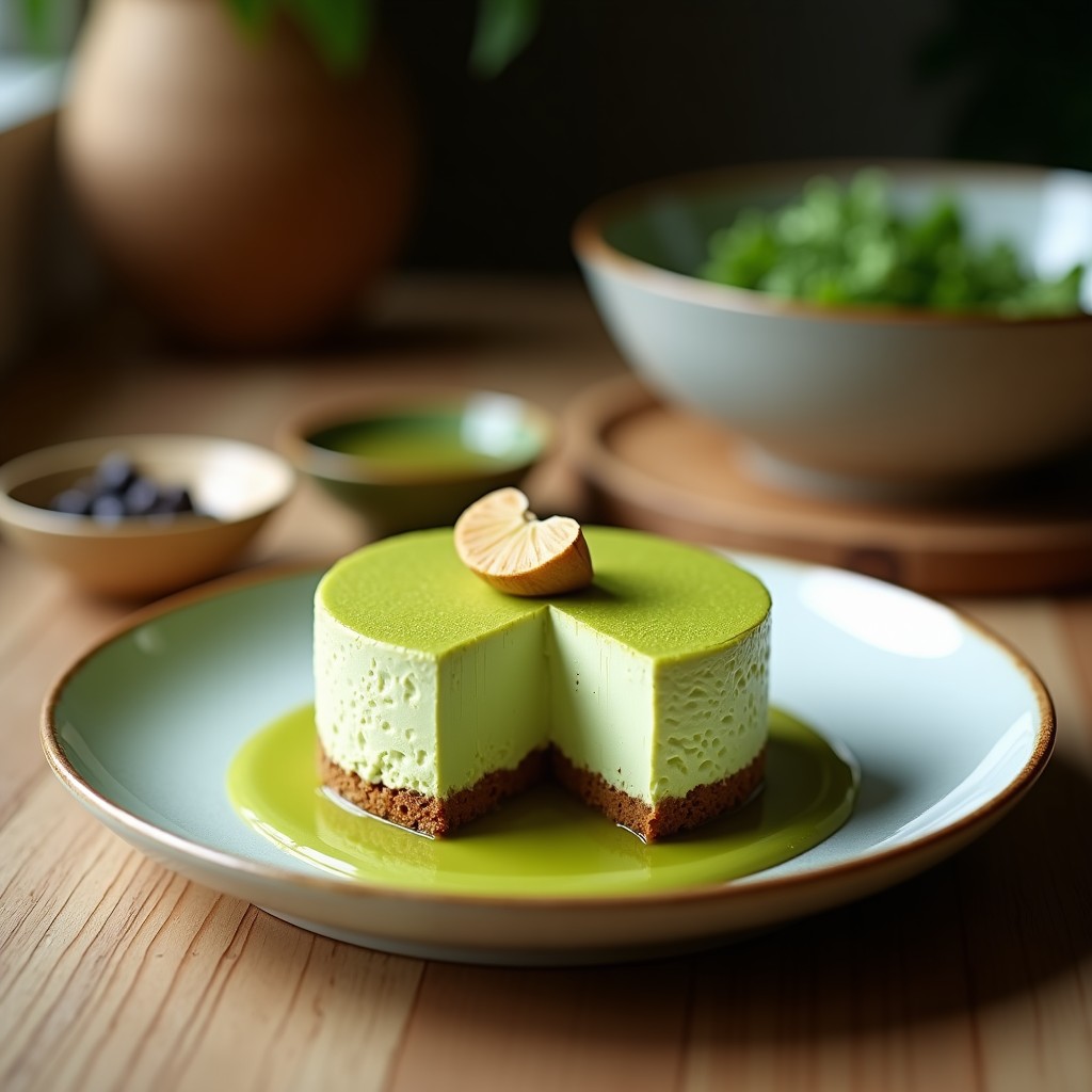 Cheesecake keto sin horno en molde desmontable, con base de almendra dorada y relleno cremoso de matcha y coco. Decorado con coco rallado y polvo de matcha, servido en plato blanco sobre fondo rústico.