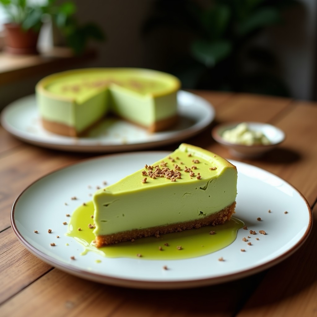 Cheesecake vegano de matcha y coco sin horno, con base crujiente de almendras y dátiles, crema verde sedosa y decoración de copos de coco tostados sobre fondo blanco.