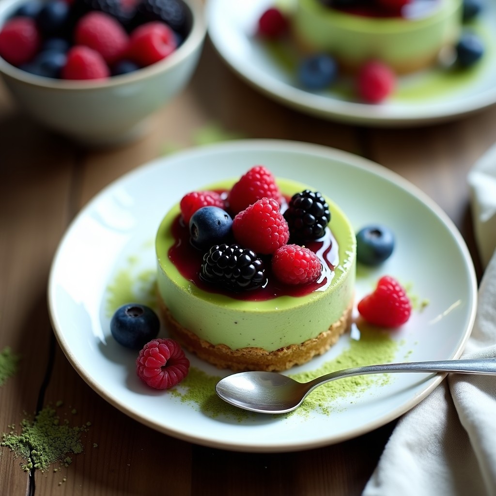 Cheesecake de matcha y frutos del bosque en Thermomix, postre japonés sin horno con base crujiente de galleta de arroz, relleno cremoso verde y capa superior de frutos del bosque frescos y semillas de chía.
