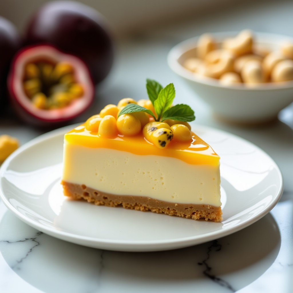 Cheesecake vegano de queso de caju y maracuyá en molde desmontable, con base dorada de almendras y crema amarilla suave, decorado con semillas de maracuyá y trozos de pulpa fresca. Postre sin horno y sin azúcar sobre fondo blanco.