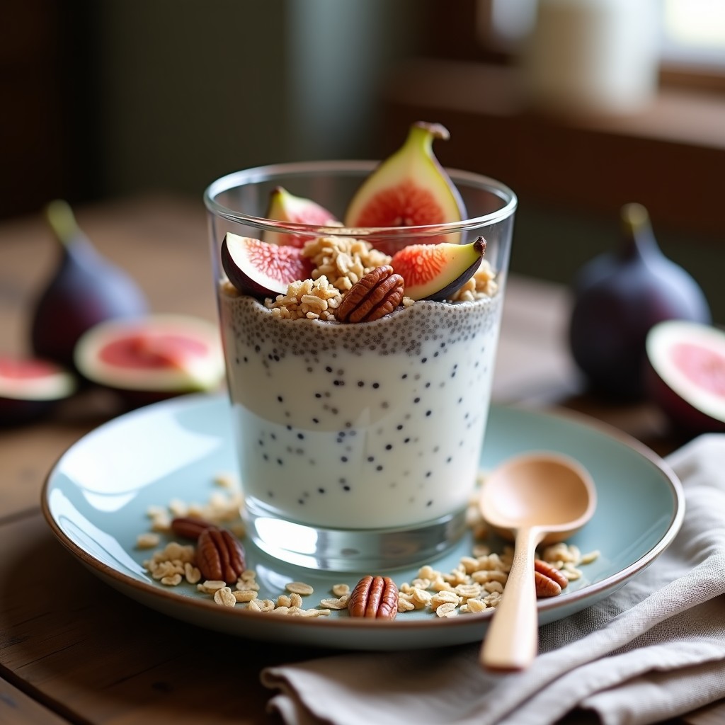 Vaso transparente con capas de chia pudding cremoso de color beige claro, decorado con láminas de higos frescos morados, nueces pecanas tostadas y coco rallado. Fondo blanco con textura de madera rústica y una cuchara de madera al lado. Receta vegana y sin gluten de chia pudding con leche de avena y higos frescos.