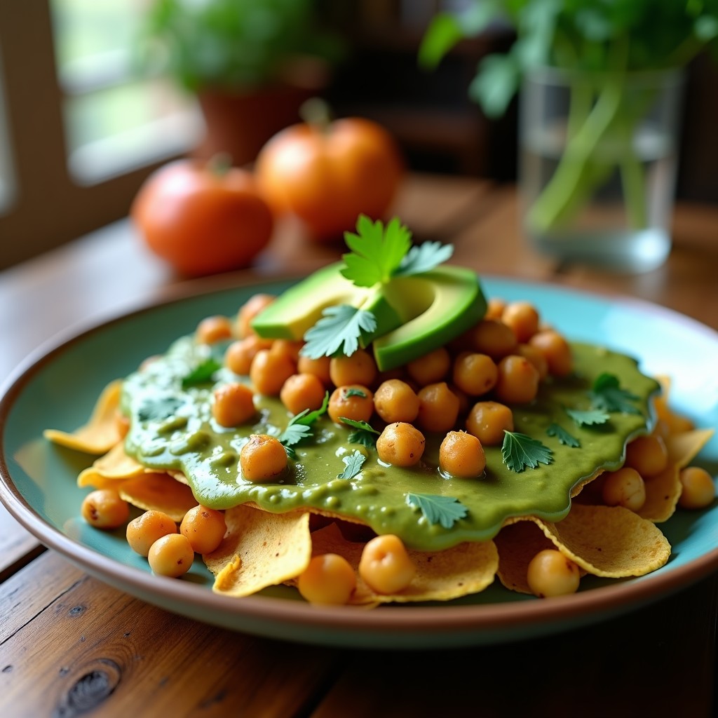 Tupper transparente con chilaquiles verdes en capas: tortillas de maíz bañadas en salsa verde cremosa, garbanzos dorados y crujientes, aguacate en cubos y semillas de calabaza. Plato vegano mexicano con colores vibrantes y texturas contrastadas.