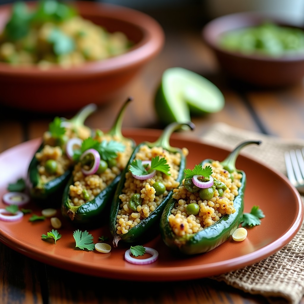 Plato de chile relleno de quinoa y champiñones con salsa verde, servido sobre un plato de barro con aguacate en cubos y cilantro fresco, receta mexicana sin gluten.