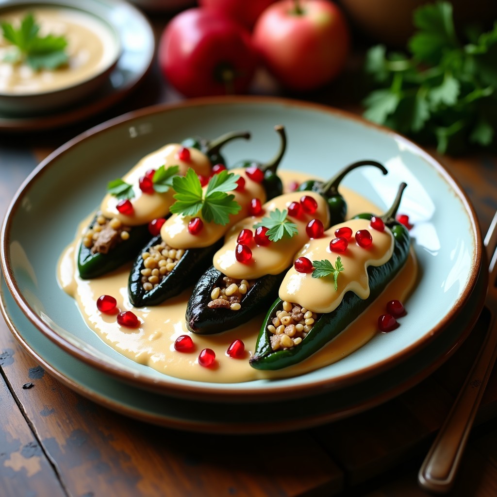 Plato tradicional mexicano de Chiles en Nogada Veganos: chiles poblanos asados rellenos de picadillo de champiñones portobello, bañados en cremosa salsa de anacardos y almendras, decorados con granos de granada rojo vibrante. Presentación elegante en plato blanco de cerámica.