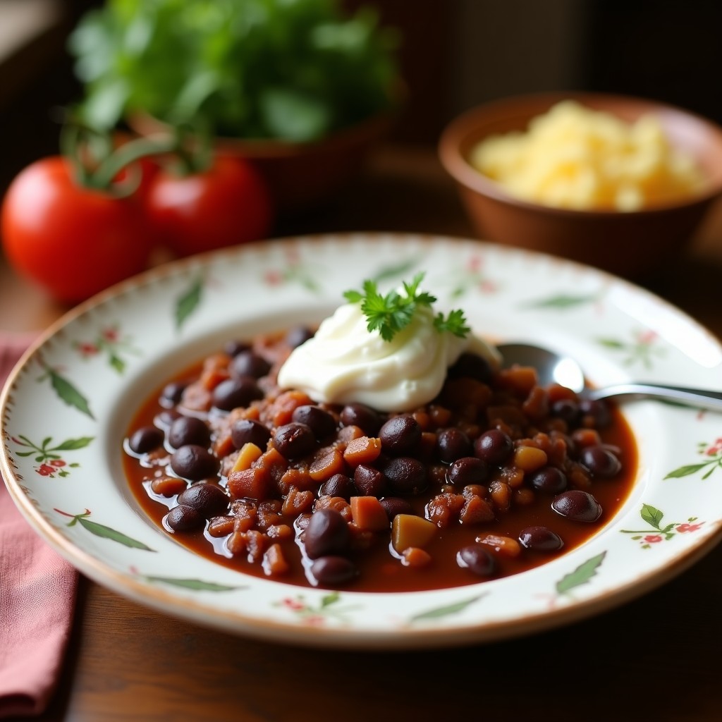 Cazuela de barro humeante con chili sin carne vegano de frijoles negros, hongos shiitake y trocitos de chocolate negro, decorado con cilantro fresco y rodajas de limón, sobre fondo rústico de madera.