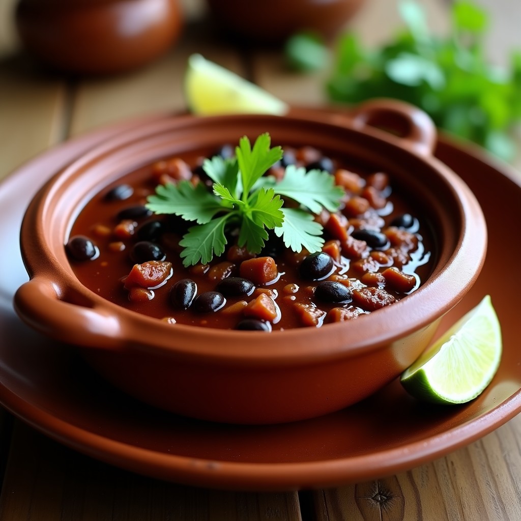 Olla de barro humeante con chili sin carne vegano, lleno de trozos de seitán dorado, alubias rojas y salsa espesa de tomate. Decorado con cilantro fresco picado y virutas de chocolate negro. Plato rústico de fondo con tortillas de maíz.