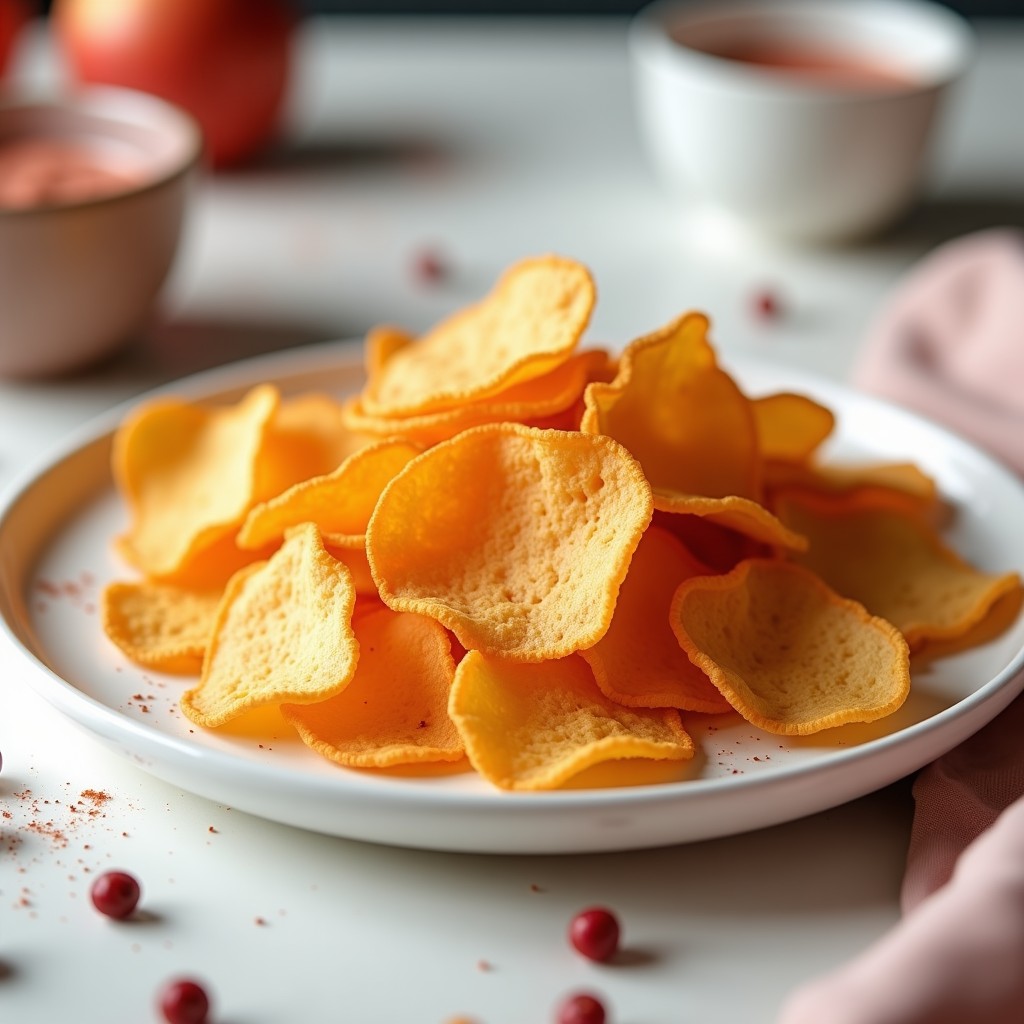Chips doradas y crujientes de algodón de azúcar y pimienta rosa keto, servidas en un plato blanco con detalles de almendras fileteadas y granos de pimienta rosa, sobre un fondo rústico de madera.