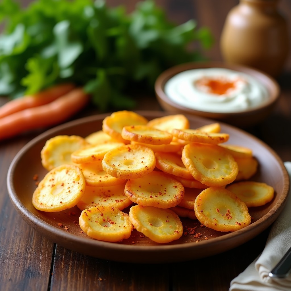 Chips doradas y crujientes de apio nabo dispuestas en un plato de madera rústico, espolvoreadas con especias Ras el Hanout. Fondo borroso con hierbas frescas y un bol pequeño de dip de yogur al lado.