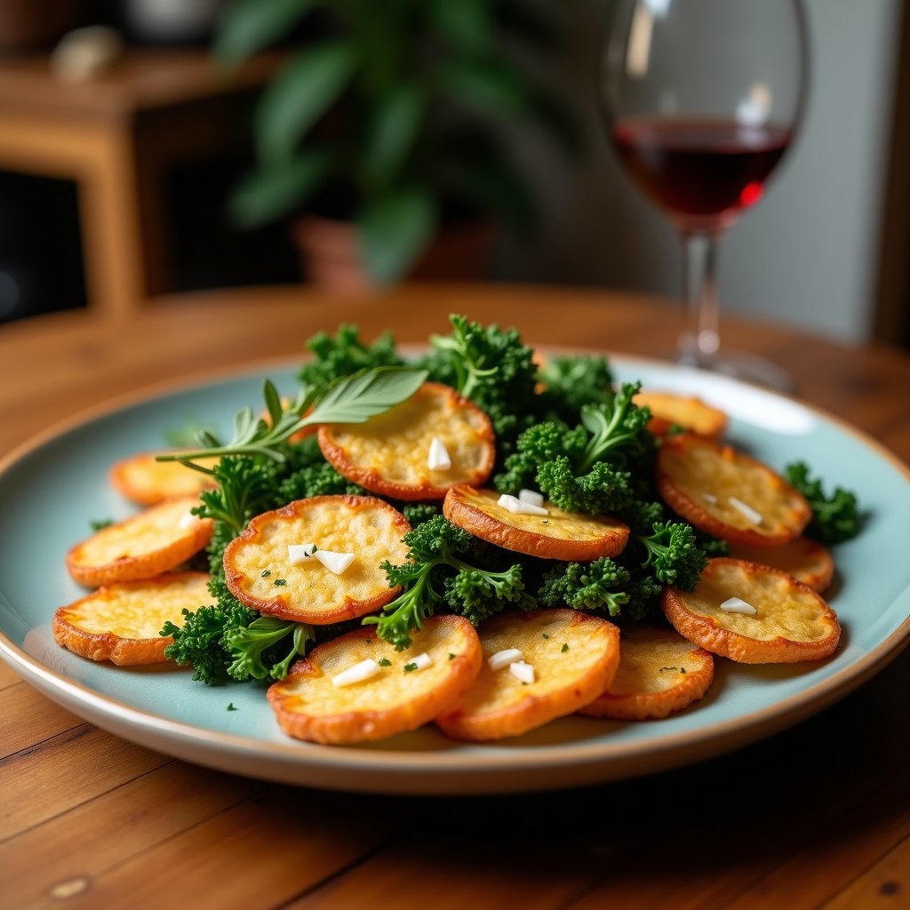 Bandeja de horno con chips de kale doradas y crujientes, cubiertas de parmesano vegano y semillas de sésamo, servidas como aperitivo saludable rico en calcio.