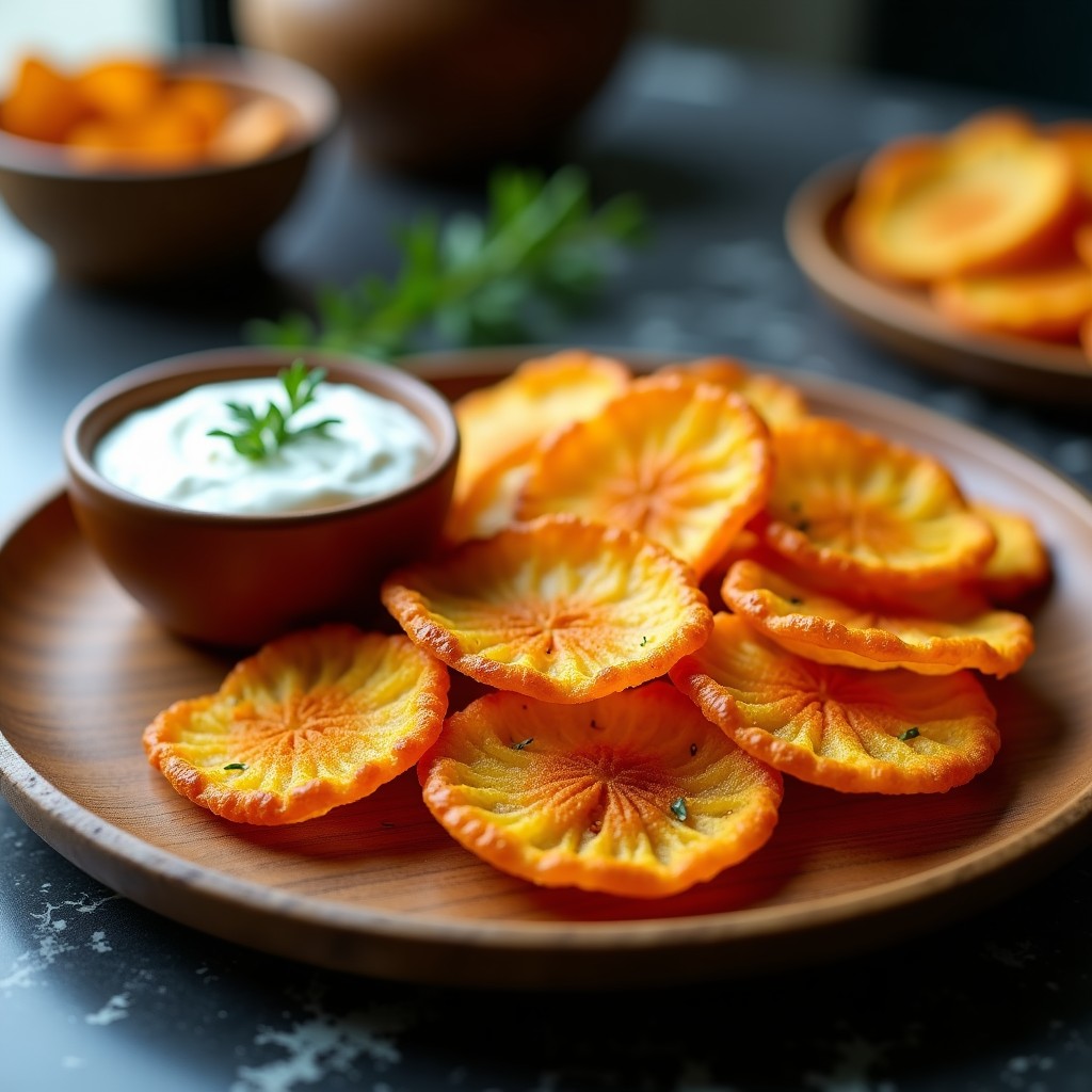 Chips de kelp doradas y crujientes con un toque de pimentón ahumado, servidas en un plato de madera rústico. Snack keto crujiente en airfryer.