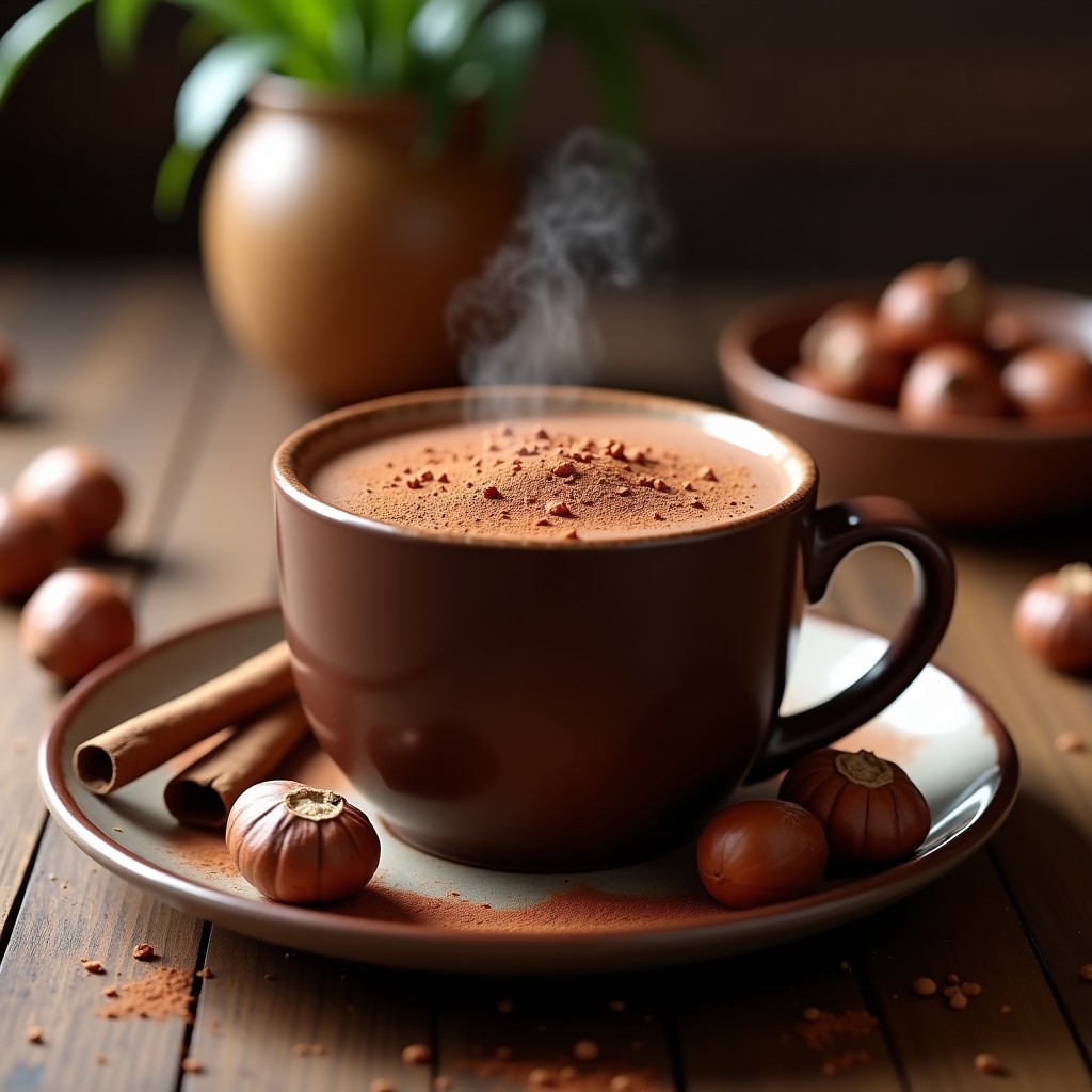 Taza de porcelana blanca con chocolate caliente de avellanas y cacao puro, espolvoreado con canela y virutas de cacao, sobre una mesa de madera con avellanas enteras y una cuchara de plata.