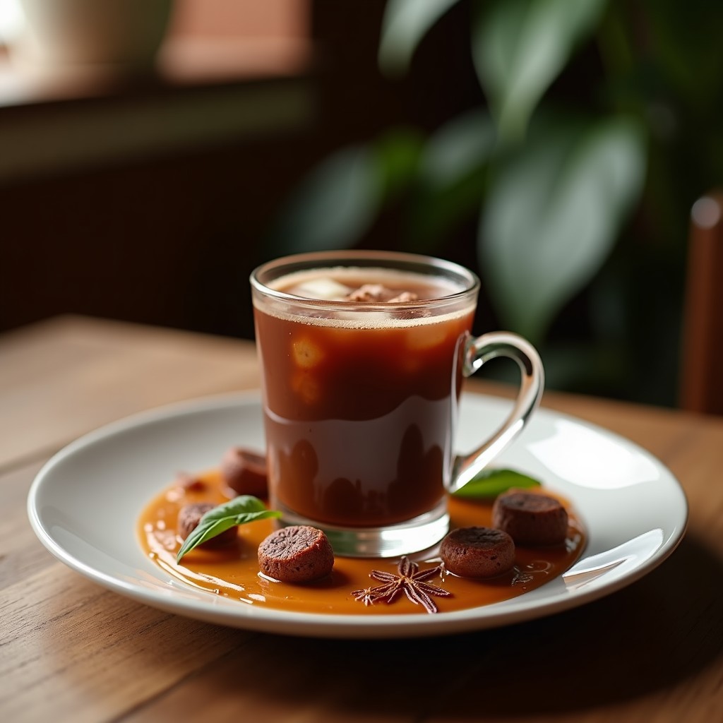 Taza de cerámica negra con bebida de chocolate caliente espumoso, decorada con pimienta de cayena en polvo y una rama de canela, sobre una mesa de madera rústica con aceite de CBD y cacao en polvo al lado. Receta relajante y energizante.