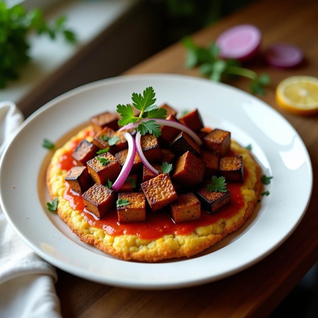 Plato con chorizo vegano de berenjena y pimentón dorado en airfryer, acompañado de pan de maíz esponjoso y crujiente, decorado con perejil fresco y cebolla morada. Receta sin gluten y vegana.