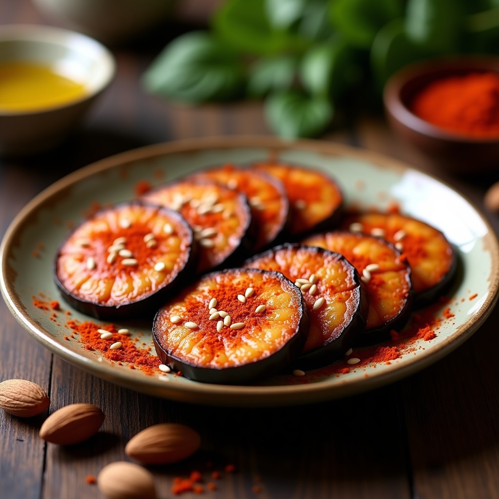 Rodajas gruesas de chorizo vegano de berenjena y pimentón dispuestas en un plato de madera, con un fondo rústico y hierbas frescas. Receta española sin conservantes hecha en Thermomix.