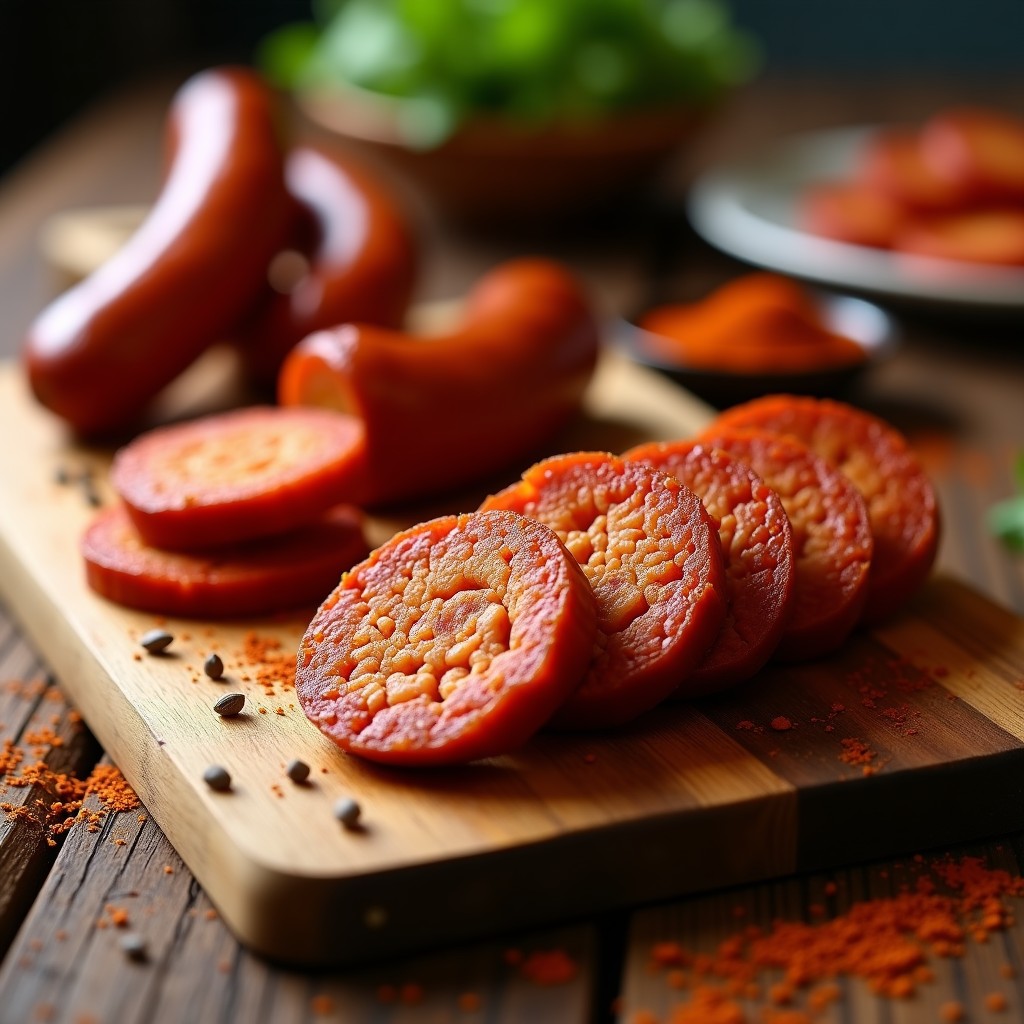 Chorizo vegano de seitán dorado y crujiente con especias ahumadas, cortado en rodajas sobre un plato de madera rústico, acompañado de hierbas frescas y un fondo borroso de cocina moderna.