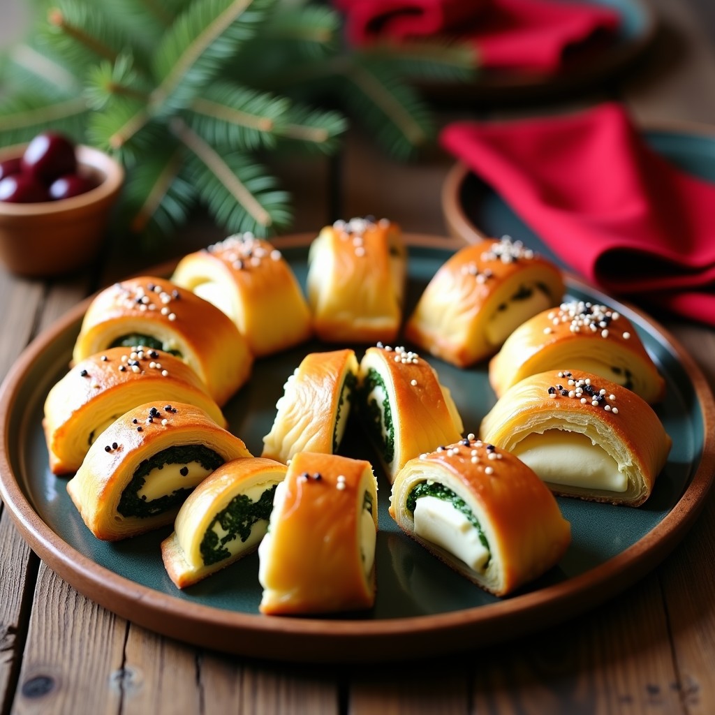 Bandeja de Christmas Rolls de espinaca y queso feta con hojaldre de almendra dorados, decorados con semillas de sésamo negro, servidos en una mesa navideña con detalles festivos.