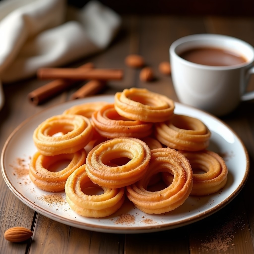 Plato blanco rústico con churros dorados y crujientes espolvoreados con canela, acompañados de una taza de chocolate caliente espeso sin azúcar. Postre español keto tradicional con harina de almendra y eritritol.