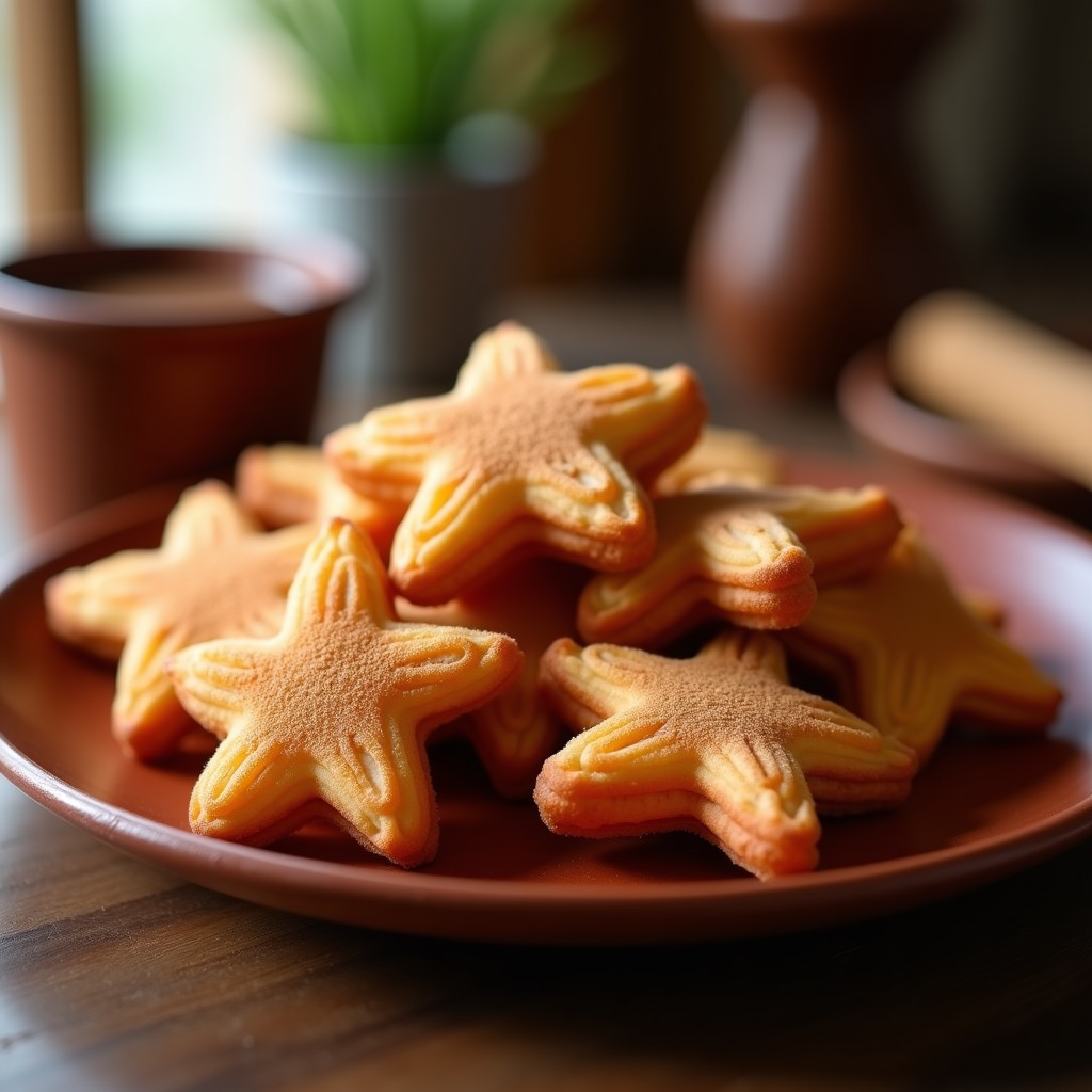 Churros cannabicos dorados y crujientes en airfryer, cubiertos de azúcar moreno y canela, servidos en plato de barro con fondo rústico.