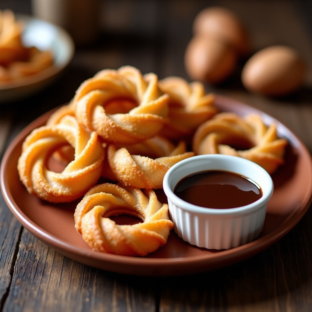 Churros dorados y crujientes de harina de almendra dispuestos en un plato rústico de barro, con vetas características de la boquilla de estrella, acompañados de una taza pequeña de salsa de chocolate 85% brillante y espesa. Receta española keto en airfryer, sin azúcar y baja en carbohidratos.