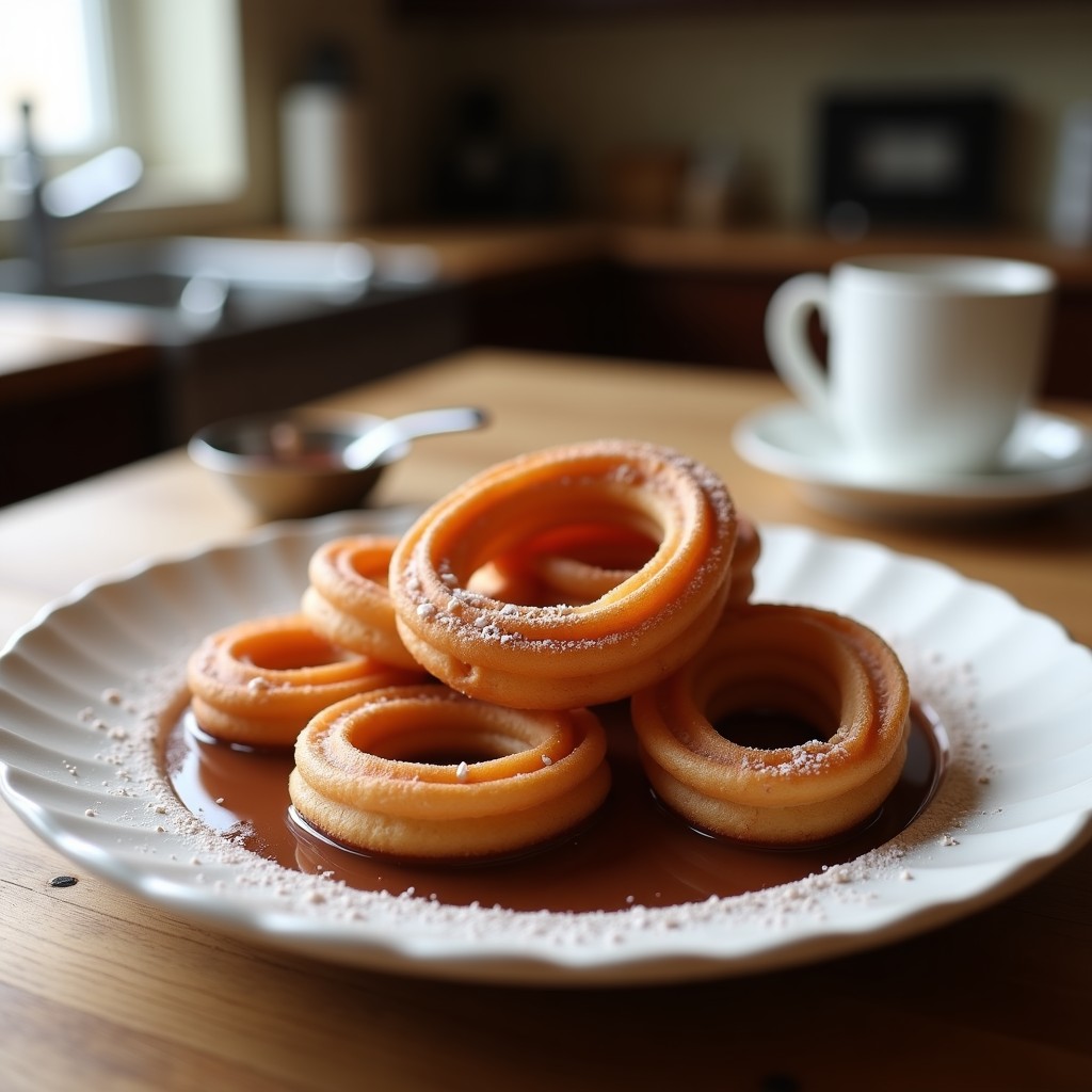 Churros dorados y esponjosos de harina de almendra sobre papel encerado, bañados en chocolate negro brillante con vetas de cacao en polvo, receta keto sin gluten.